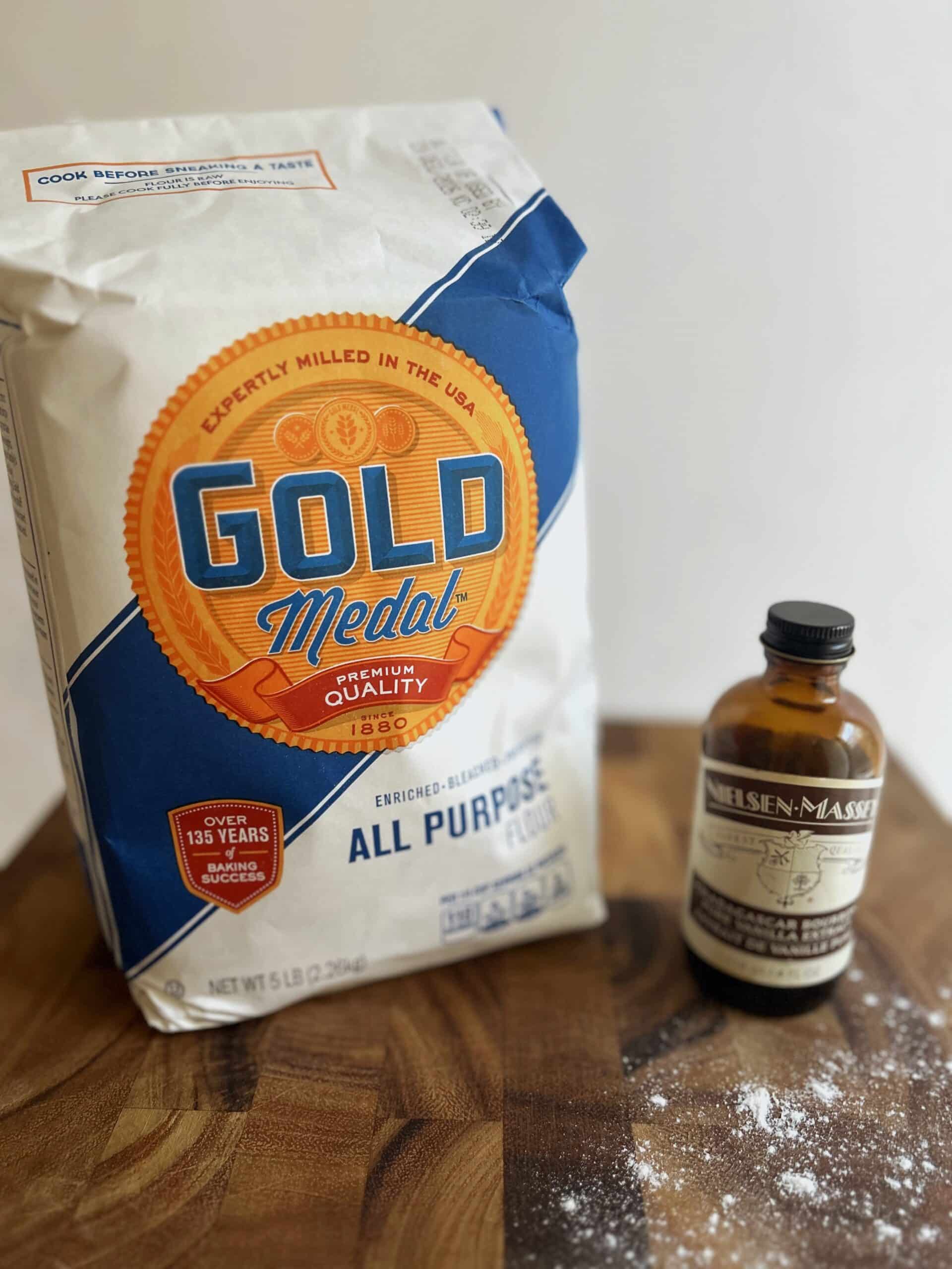 All purpose flour and vanilla extract ingredients.