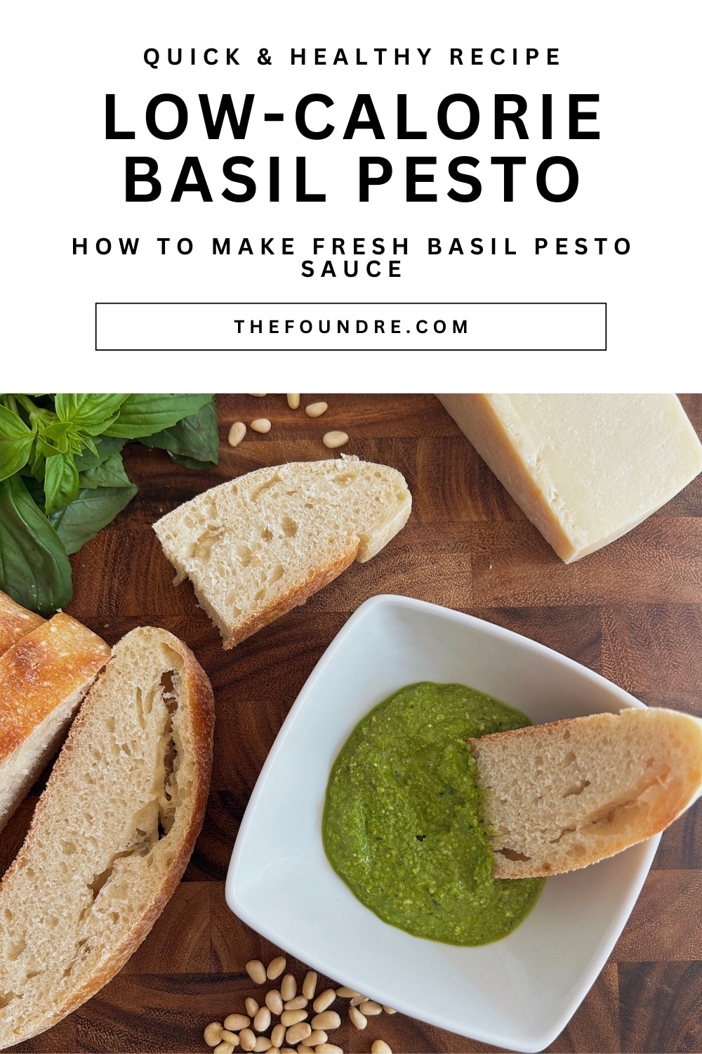 A low-calorie basil pesto sauce with fresh bread for dipping.