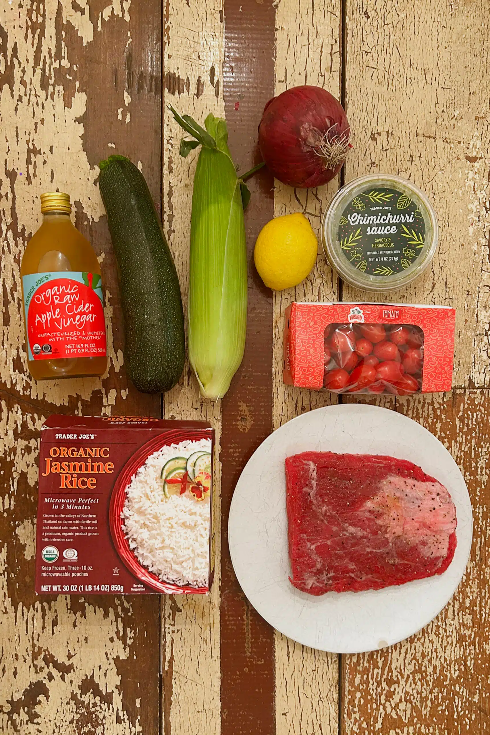 Trader Joe's Chimichurri Steak Recipe with Lemon Rice, Zucchini, Tomatoes, and Grilled Corn
