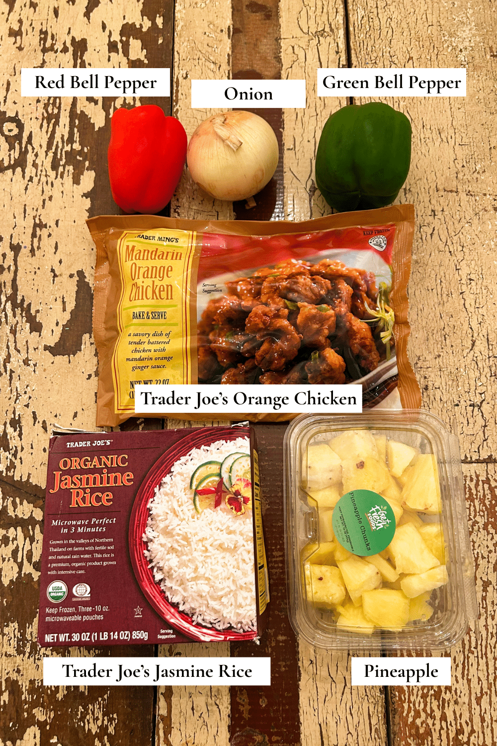 Trader Joe's orange chicken with vegetables, pineapple, and rice ingredients.